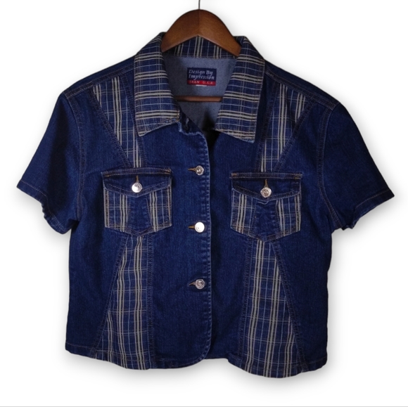 Vintage Button Down Plaid Cropped Denim Shirt - Women's - Picture 2 of 7